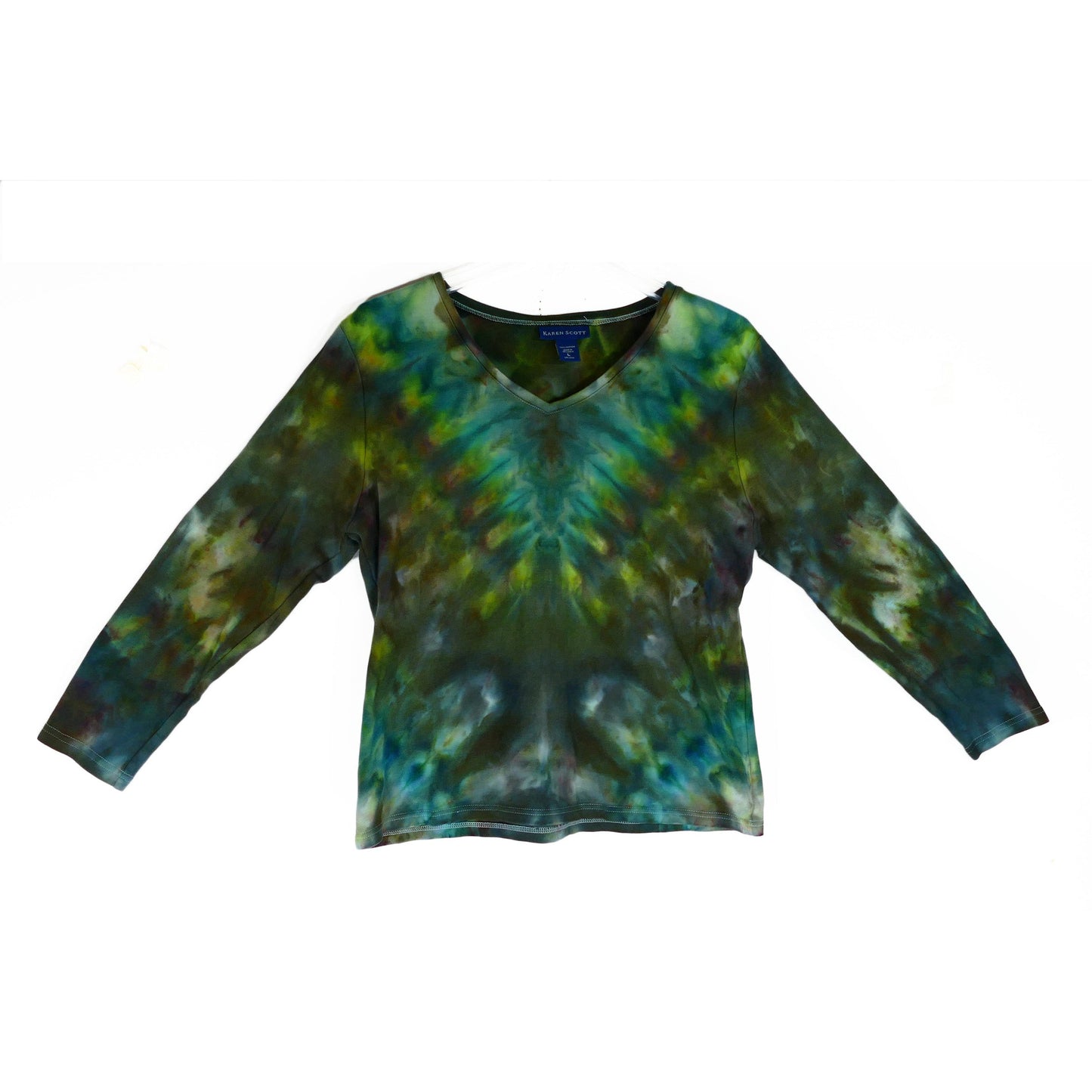 LONG SLEEVE Vee Neck Tie Dye Tee: Earthy Green Size Large