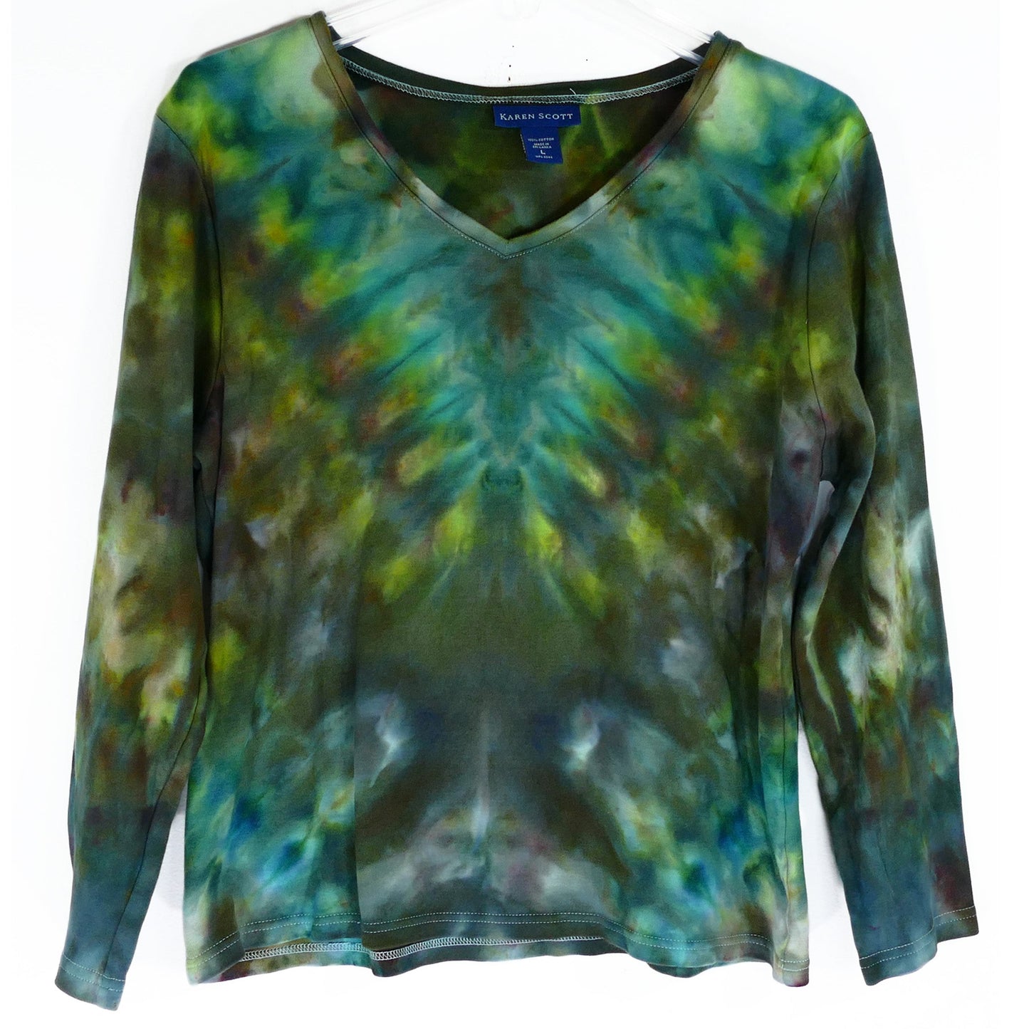 LONG SLEEVE Vee Neck Tie Dye Tee: Earthy Green Size Large