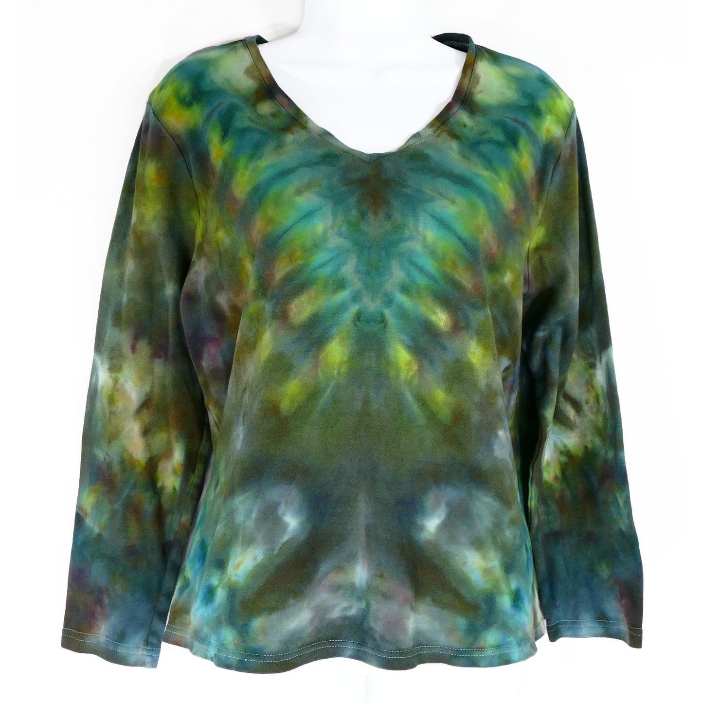 LONG SLEEVE Vee Neck Tie Dye Tee: Earthy Green Size Large