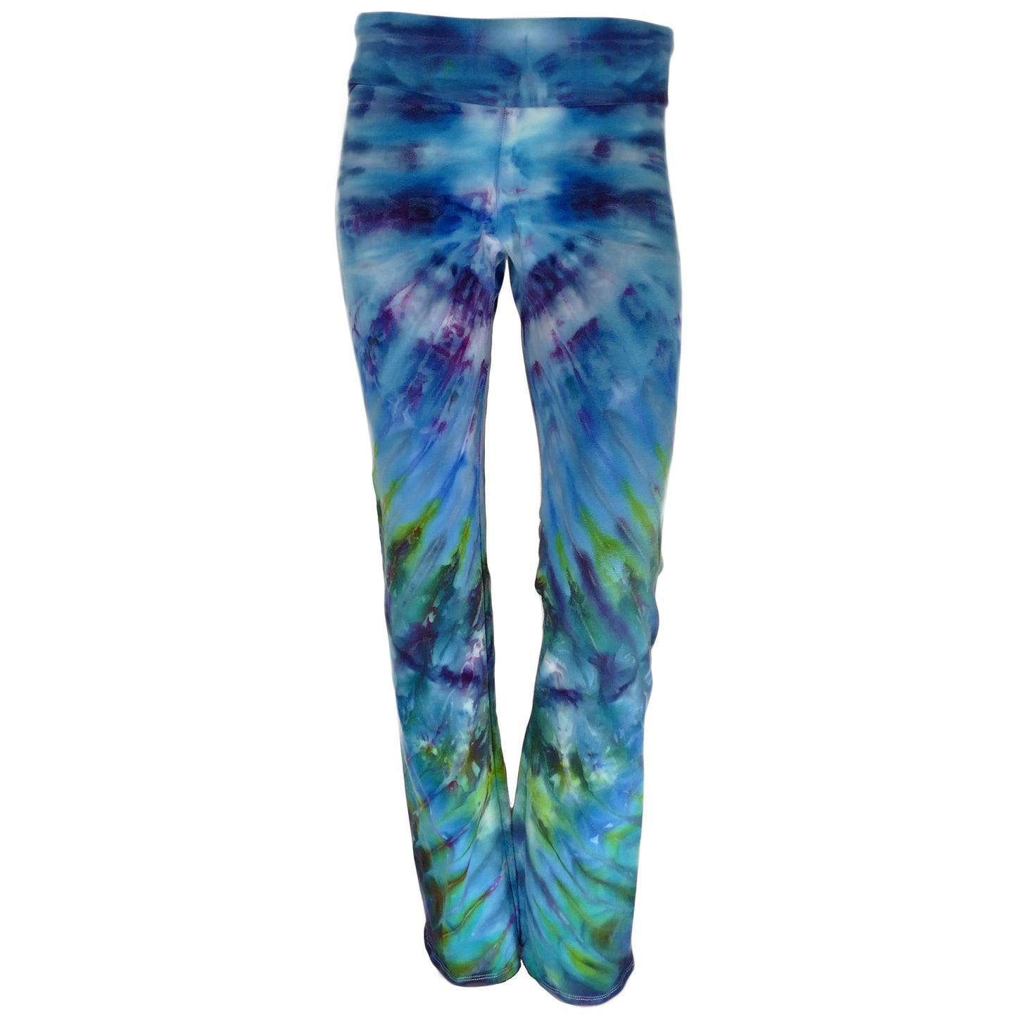 XL Blues And Greens Yoga Flare 33.5" inseam, FOLDOVER WAIST!