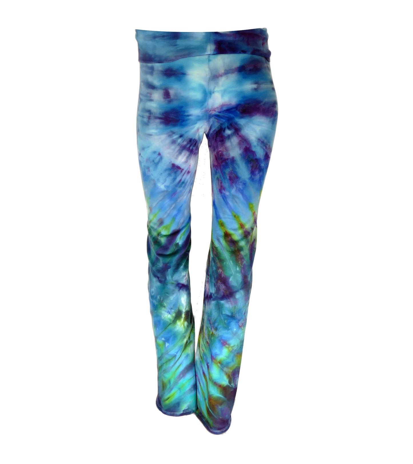XL Blues And Greens Yoga Flare 33.5" inseam, FOLDOVER WAIST!