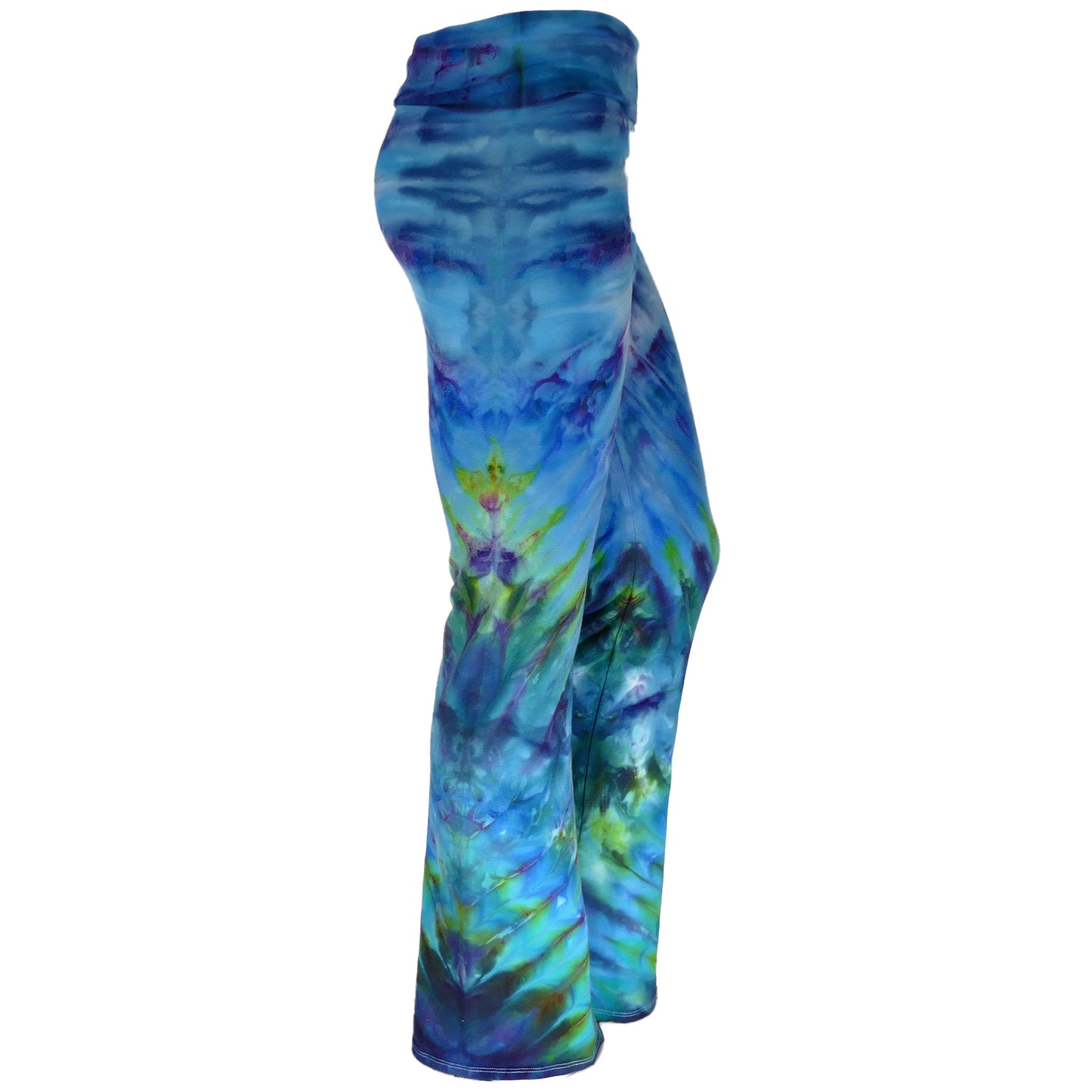 XL Blues And Greens Yoga Flare 33.5" inseam, FOLDOVER WAIST!