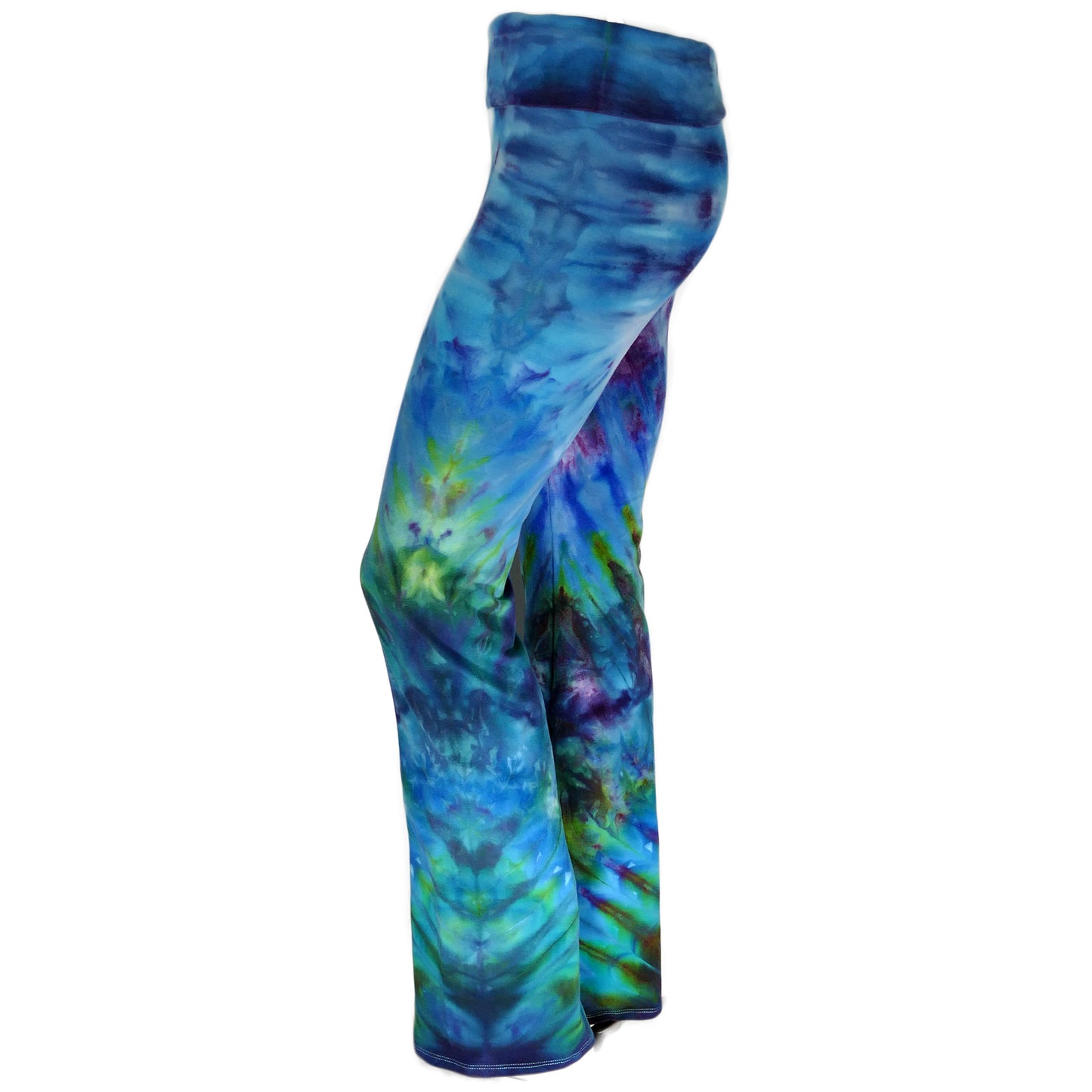 XL Blues And Greens Yoga Flare 33.5" inseam, FOLDOVER WAIST!
