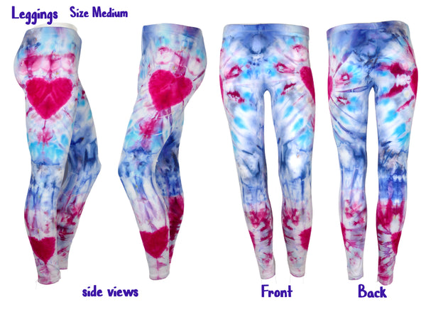 Tie Dyed Leggings! Heart-sided Legs:  Fuchsia Red and Blues MEDIUM