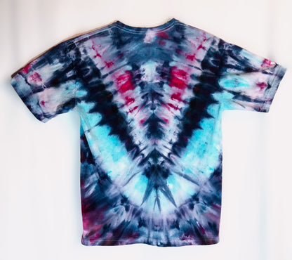Large Tie Dyed T-Shirt Vee Shield style Blues, Reds, and Greys