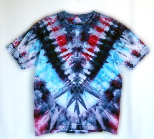 Large Tie Dyed T-Shirt Vee Shield style Blues, Reds, and Greys
