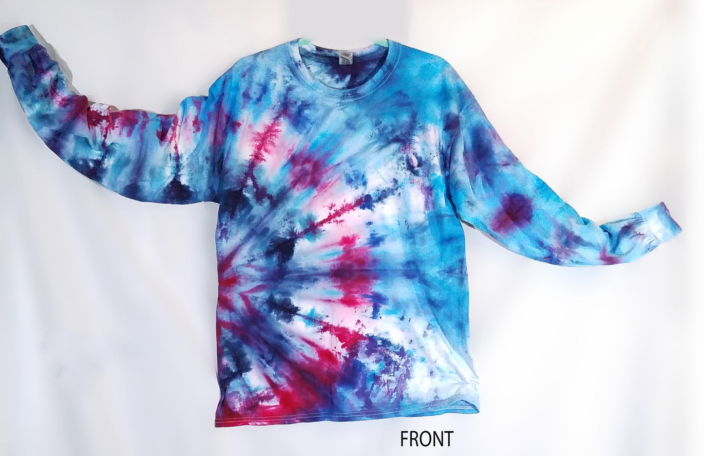SOLD Large Long Sleeve Tie Dye Shirt Blues with a pop of red/pink