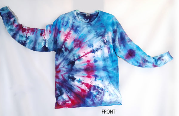 SOLD Large Long Sleeve Tie Dye Shirt Blues with a pop of red/pink
